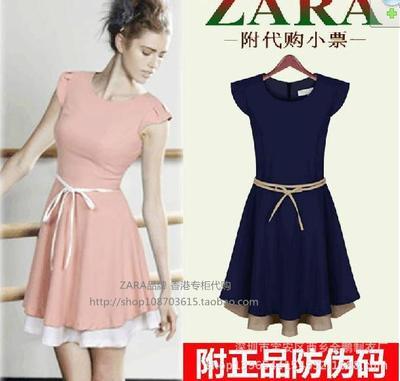 批发采购连衣裙-2014夏季女装新款圆领假两件雪纺腰带短袖连衣裙批发 厂家直供批.